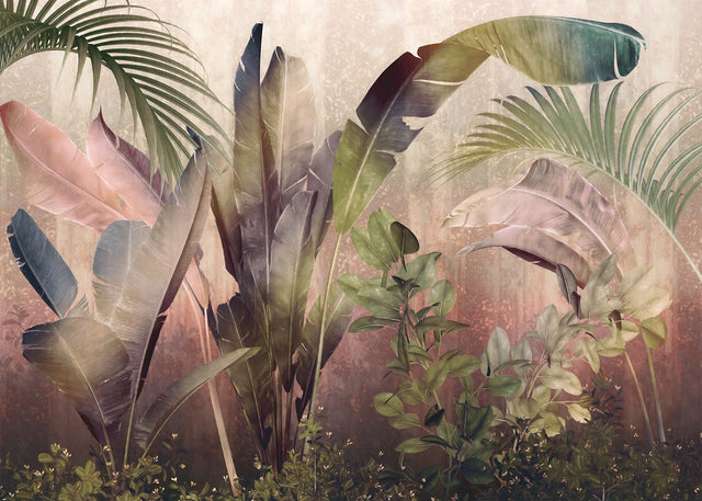 Rainforest Mist Pink Tropical Leaves Non-Woven Wall Mural - Komar X7-1079