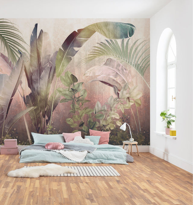 Rainforest Mist Pink Tropical Leaves Non-Woven Wall Mural - Komar X7-1079