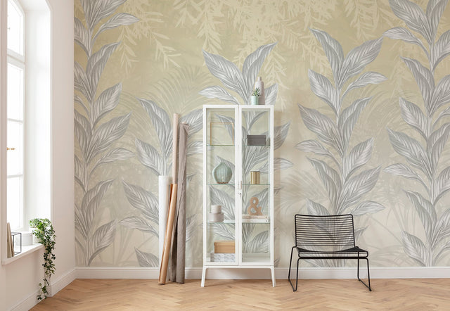 Spring Frost Yellow and Silvery Grey Leaves Tropical Non Woven Wall Mural - Komar X7-1088