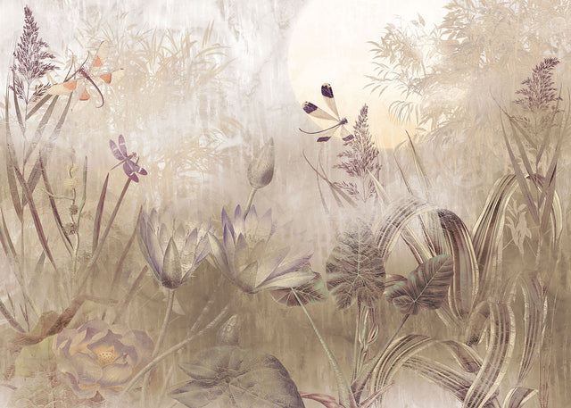 Dragonfly Pond Neutral Non-Woven Scenic Nature Wall Mural with Insects Motif - Komar X7-1092