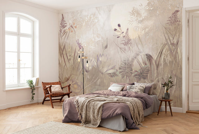Dragonfly Pond Neutral Non-Woven Scenic Nature Wall Mural with Insects Motif - Komar X7-1092