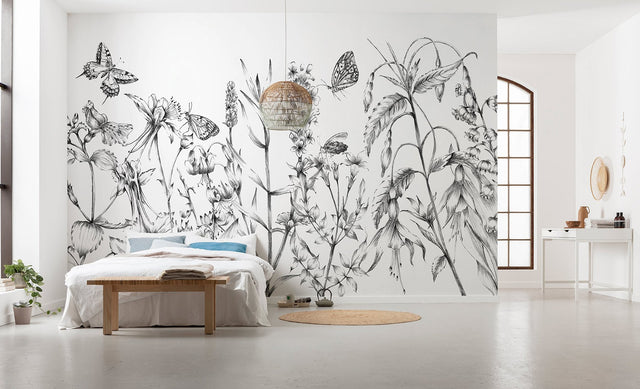 Butterfly Field Black and White Wall Mural with Nature Butterfly Illustration - Komar X8-1085