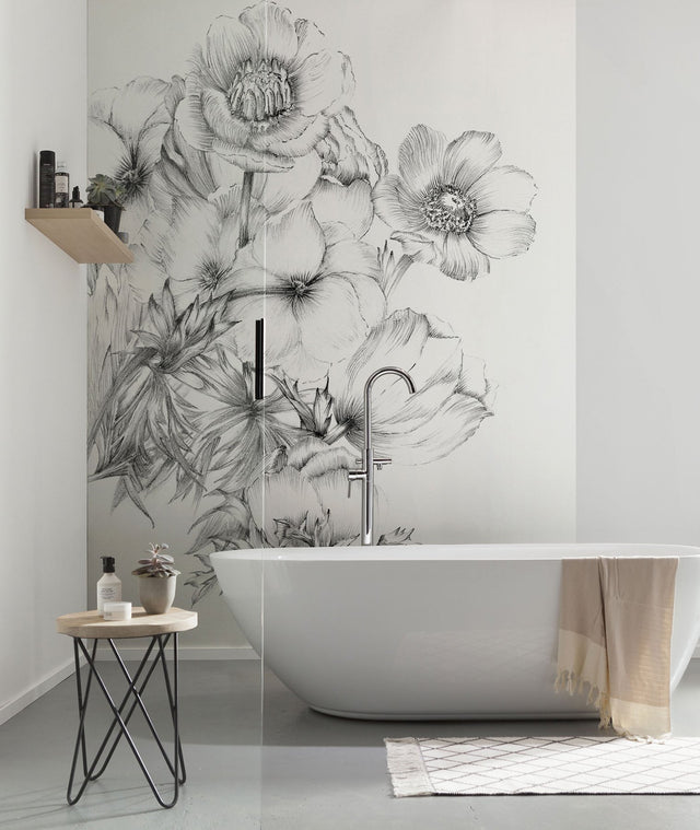 Embroidered Flowers Black & White Non Woven Wall Mural with Floral Sketch Pattern - Komar XXL2-1035