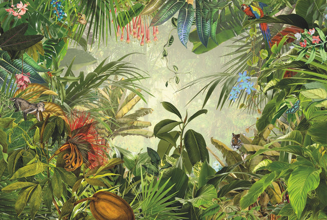 Into the Wild Green Scenic Wall Mural with Tropical Forest Animals Pattern - Komar XXL4-031
