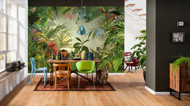 Into the Wild Green Scenic Wall Mural with Tropical Forest Animals Pattern - Komar XXL4-031