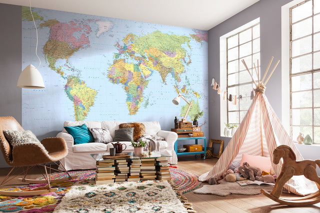 World Map Multicolor Non Woven Wall Mural with Kids Map Motif - Komar XXL4-038