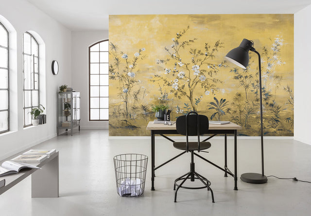 Chinoiserie Yellow Floral Wall Mural with Glam Nature Motif - Komar XXL4-1029