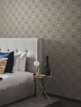 Serendipity Grey & Gold Metallic Geometric Wallpaper with Interlocking Petal Lattice - York Y6200204