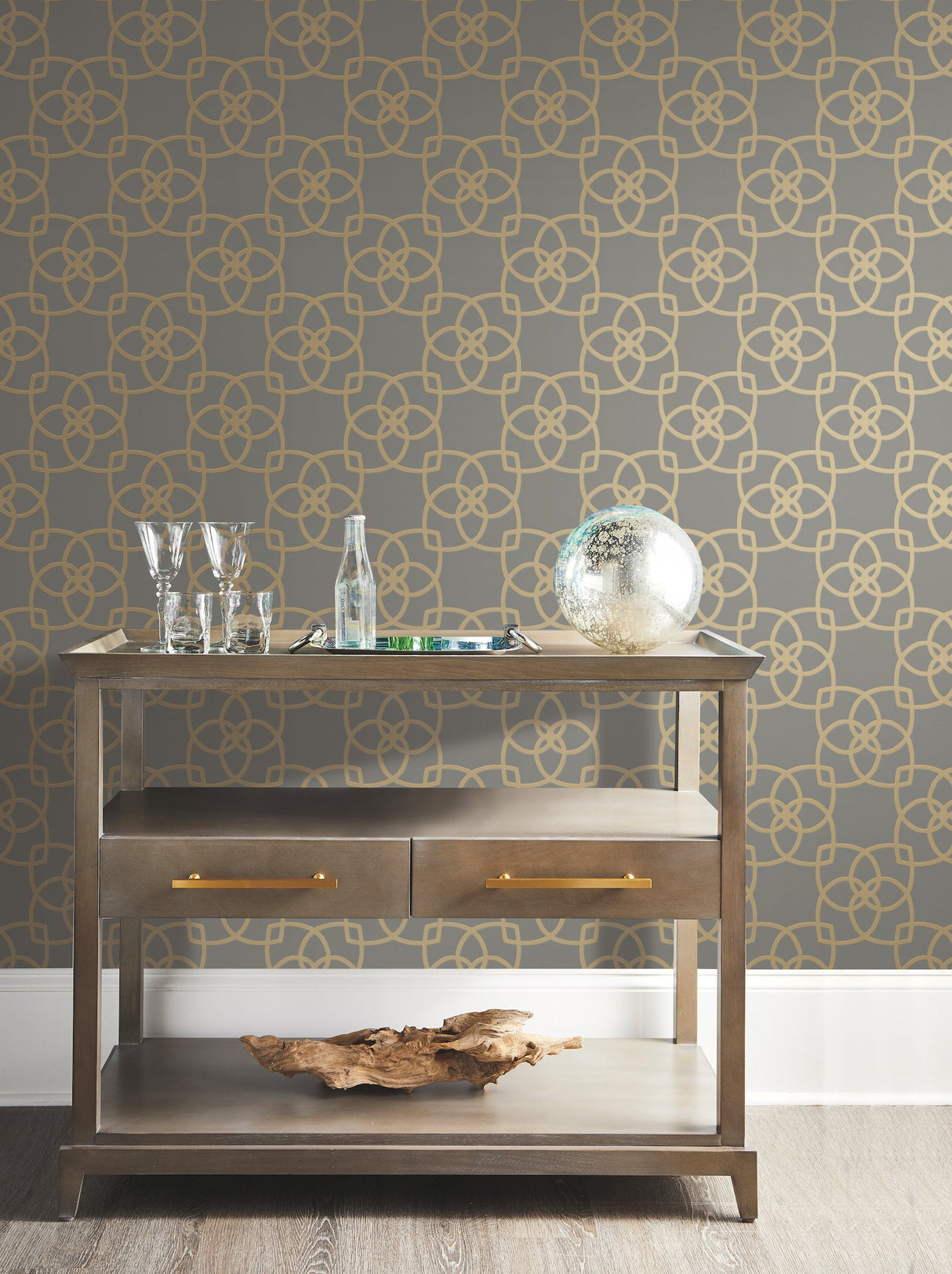 Serendipity Grey & Gold Metallic Geometric Wallpaper with Interlocking Petal Lattice - York Y6200204