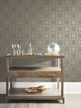 Serendipity Grey & Gold Metallic Geometric Wallpaper with Interlocking Petal Lattice - York Y6200204