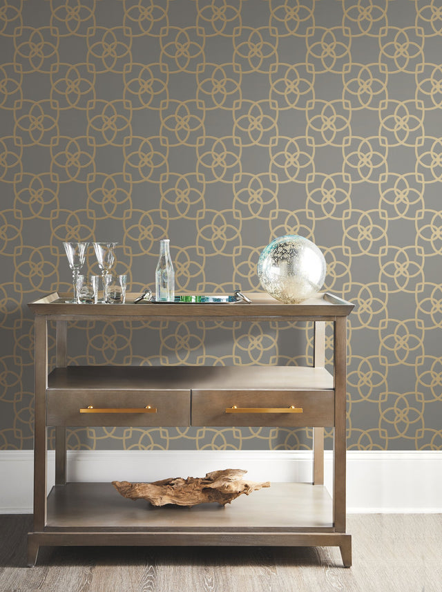 Serendipity Grey & Gold Metallic Geometric Wallpaper with Interlocking Petal Lattice - York Y6200204