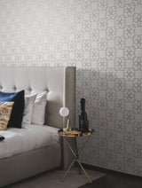 Serendipity Pale Grey Metallic Geometric Wallpaper with Interlocking Petal Lattice - York Y6200205