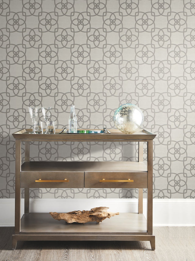 Serendipity Pale Grey Metallic Geometric Wallpaper with Interlocking Petal Lattice - York Y6200205