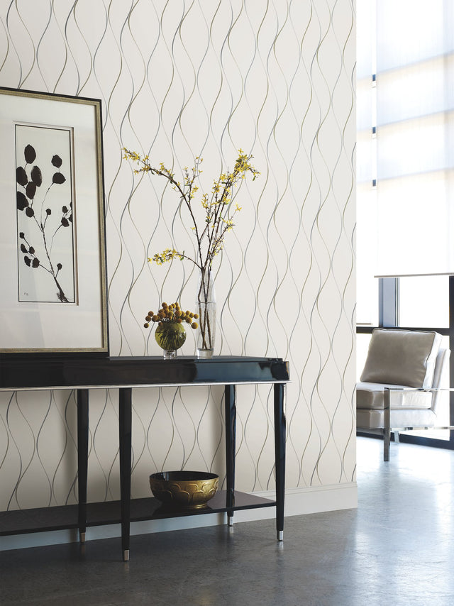 Wavy Stripe Off White & Silver Metallic Wallpaper with Metallic Wavy Stripe Pattern - York Y6201401
