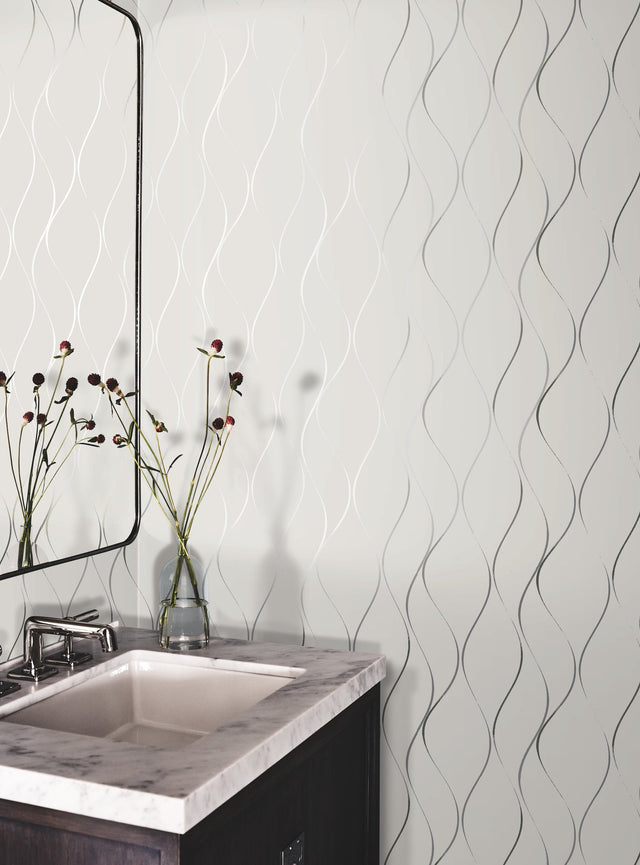 Wavy Stripe Off White & Silver Metallic Wallpaper with Metallic Wavy Stripe Pattern - York Y6201401