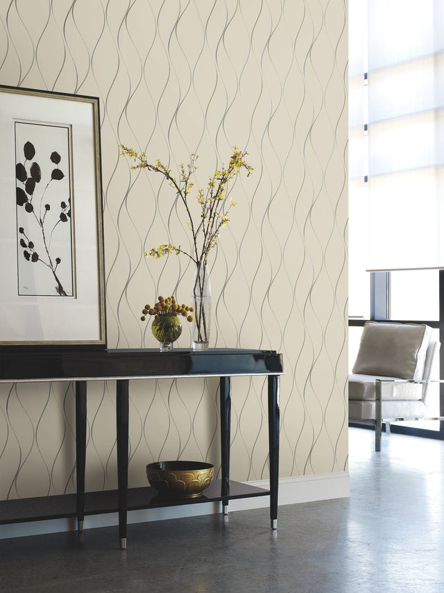 Wavy Stripe Beige Metallic Wallpaper with Stripes Pattern, Unpasted Non Woven - York Y6201404