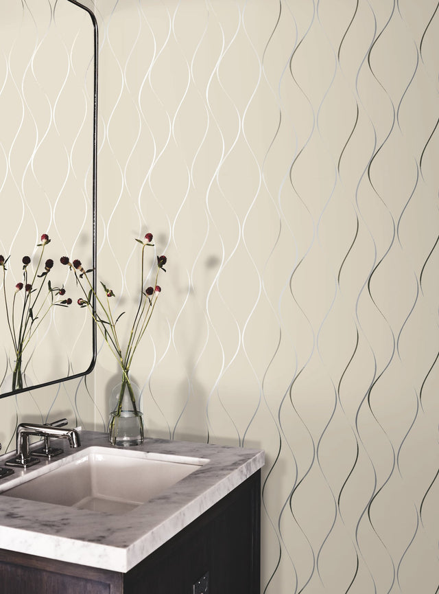 Wavy Stripe Beige Metallic Wallpaper with Stripes Pattern, Unpasted Non Woven - York Y6201404