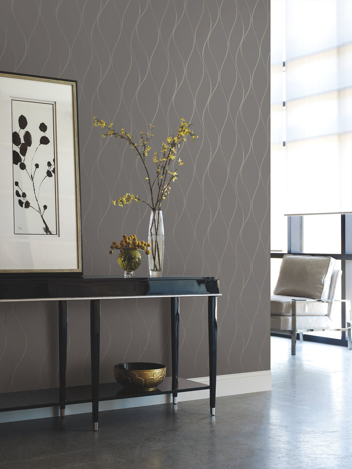 Wavy Stripe Black Metallic Wallpaper with Shimmering Wavy Stripe Pattern - York Y6201405