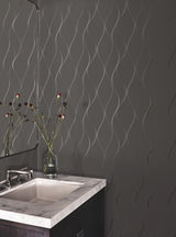Wavy Stripe Black Metallic Wallpaper with Shimmering Wavy Stripe Pattern - York Y6201405