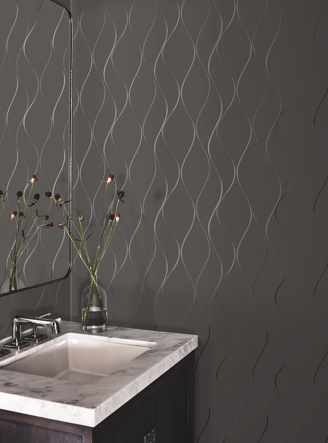 Wavy Stripe Black Metallic Wallpaper with Shimmering Wavy Stripe Pattern - York Y6201405