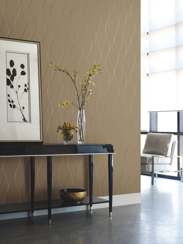 Wavy Stripe Tan Metallic Wallpaper with Curvilinear Ribbon Pattern - York Y6201406