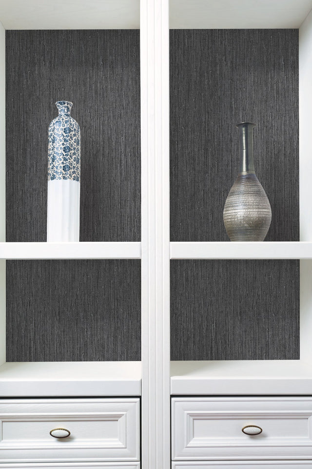 Seagrass Black & Silver Wallpaper with Faux Grasscloth Vertical Striation - York Y6201801