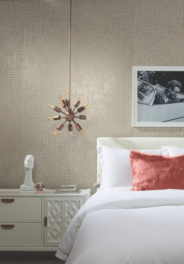 A Maze White Geometric Metallic Vinyl Non Woven Wallpaper - York Y6220202