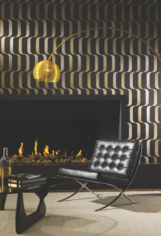 Ribbon Black Wallpaper with Mid-Century Metallic Ribbon Stripe - York Y6221003