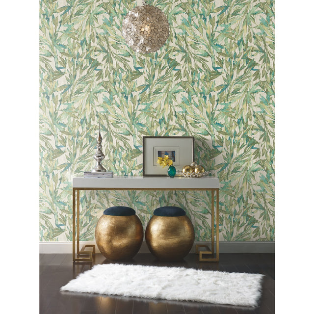 Rainforest Leaves Teal Wallpaper