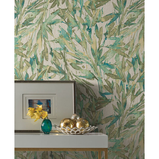 Rainforest Leaves Teal Wallpaper