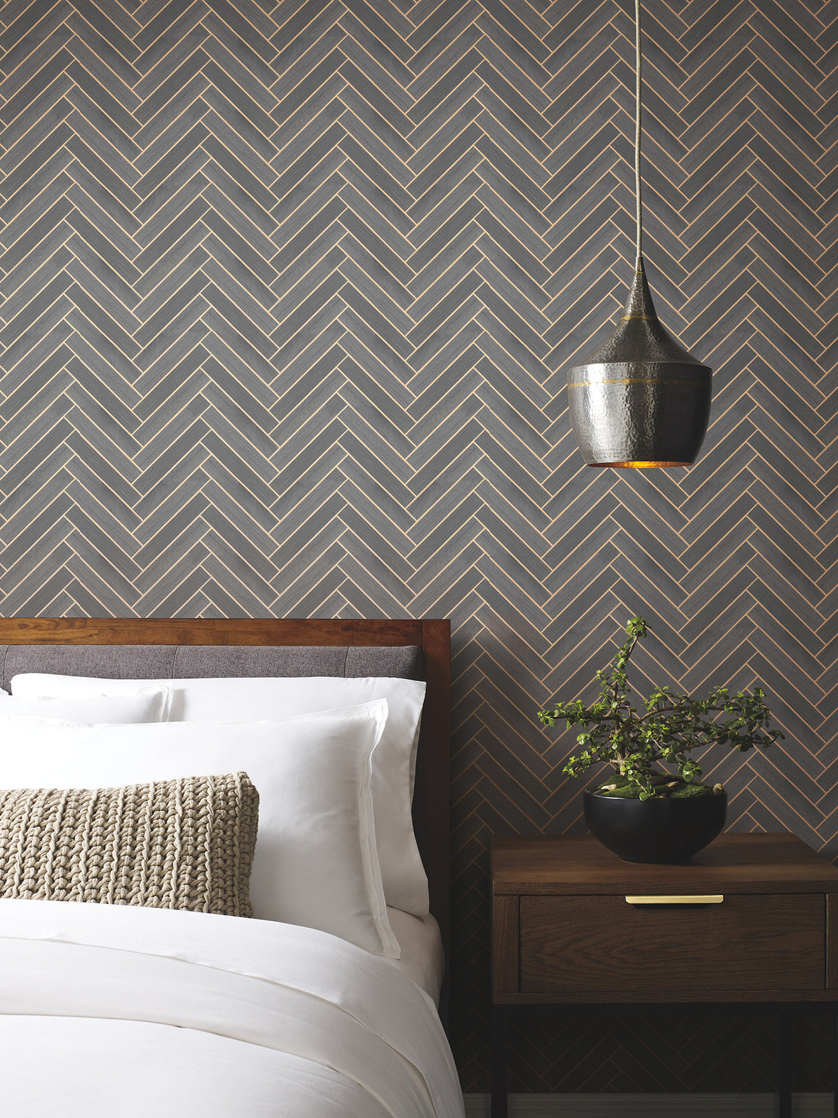 Herringbone Wood Veneer Graphite by Ronald Redding Wood Veneer Wallpaper – York Designer Series YGL7074