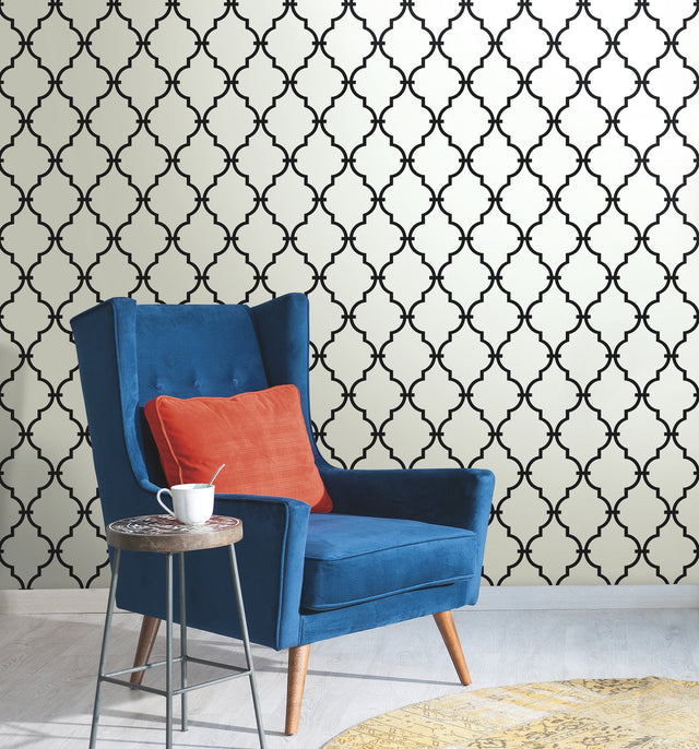 Modern Trellis Black Wallpaper with Geometric Lattice Pattern, Prepasted Sure Strip - York YS9100