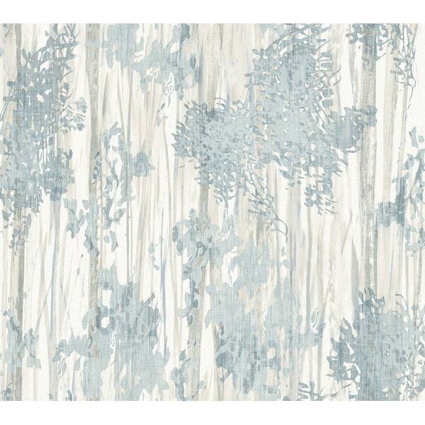 York Wallcoverings Aspen Grove Blue Wallpaper GN2602 swatch showing watercolor trees and linen texture