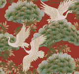 Ronald Redding Sprig & Heron Red Wallpaper ZA8006 featuring graceful white herons in flight among stylized bonsai trees on a brick red background with gold metallic accents