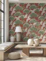 Sprig & Heron Red by Ronald Redding Tea Garden II Traditional Botanical Flying Heron and Bonsai Tree Non Woven Wallpaper - ZA8006