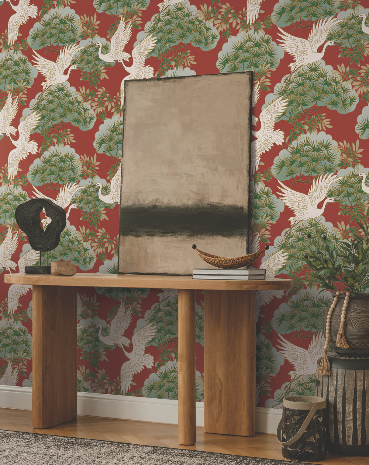 Sprig & Heron Red by Ronald Redding Tea Garden II Traditional Botanical Flying Heron and Bonsai Tree Non Woven Wallpaper - ZA8006