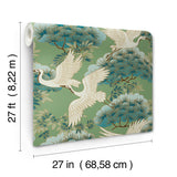 Sprig & Heron Green by Ronald Redding Tea Garden II Traditional Botanical Flying Herons Bonsai Metallic Wallpaper - ZA8008