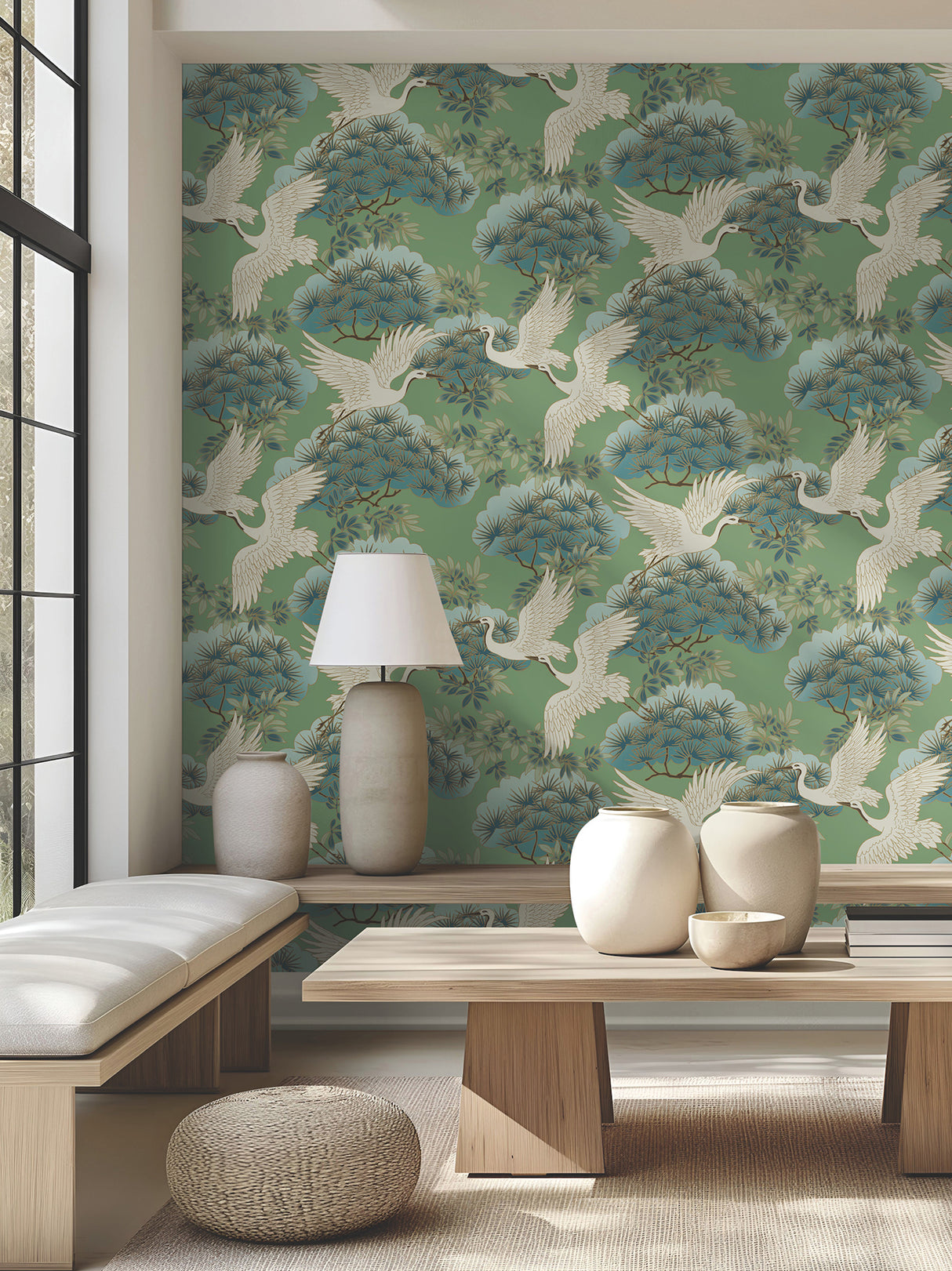 Sprig & Heron Green by Ronald Redding Tea Garden II Traditional Botanical Flying Herons Bonsai Metallic Wallpaper - ZA8008