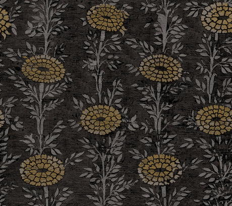 French Marigold Black and Gold Metallic Botanical Floral Wallpaper by Ronald Redding - ZA8017