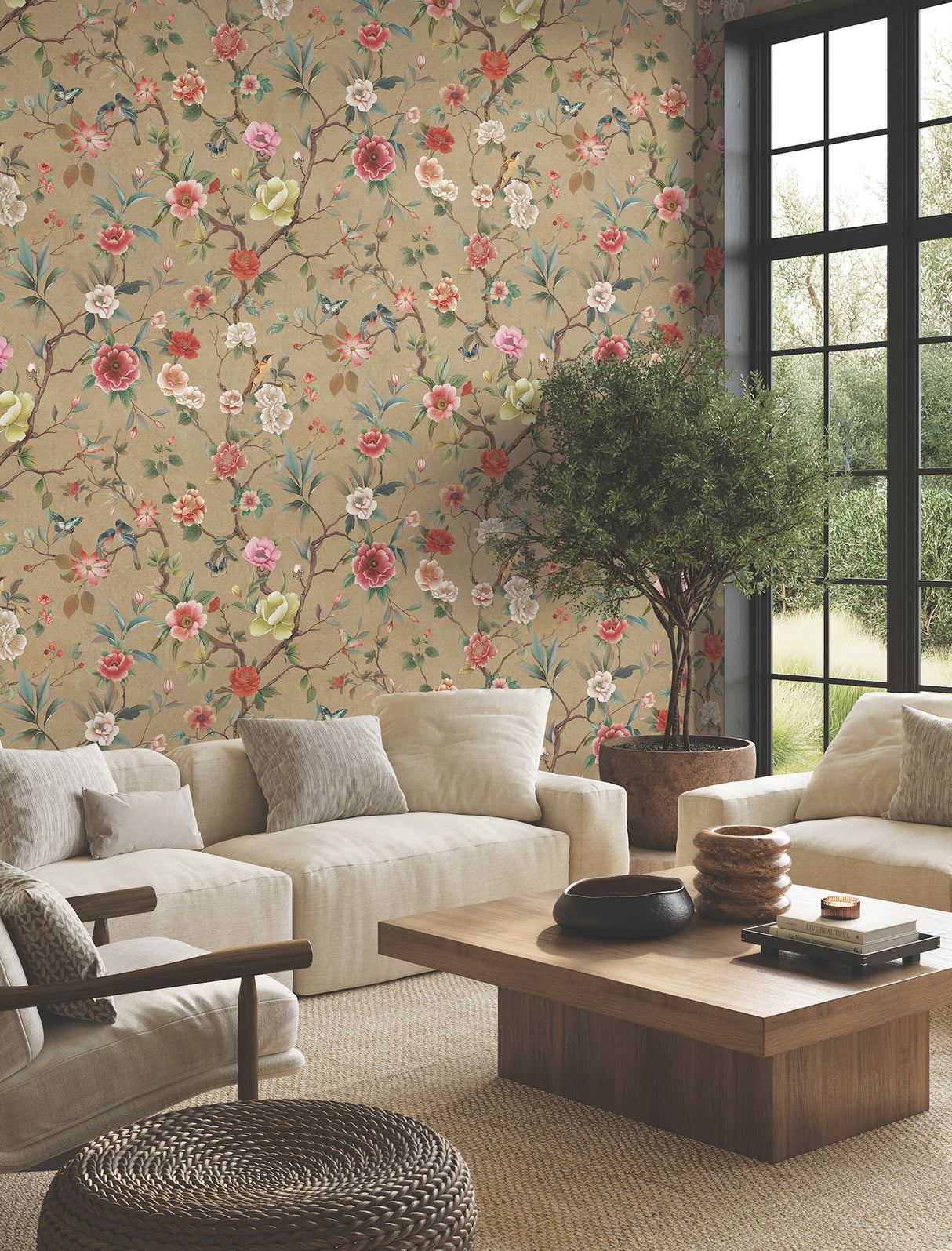 Kimora's Garden Linen Wallpaper by Ronald Redding Tea Garden II Traditional Florals and Birds 33.25-in x 24-ft Roll - ZA8037