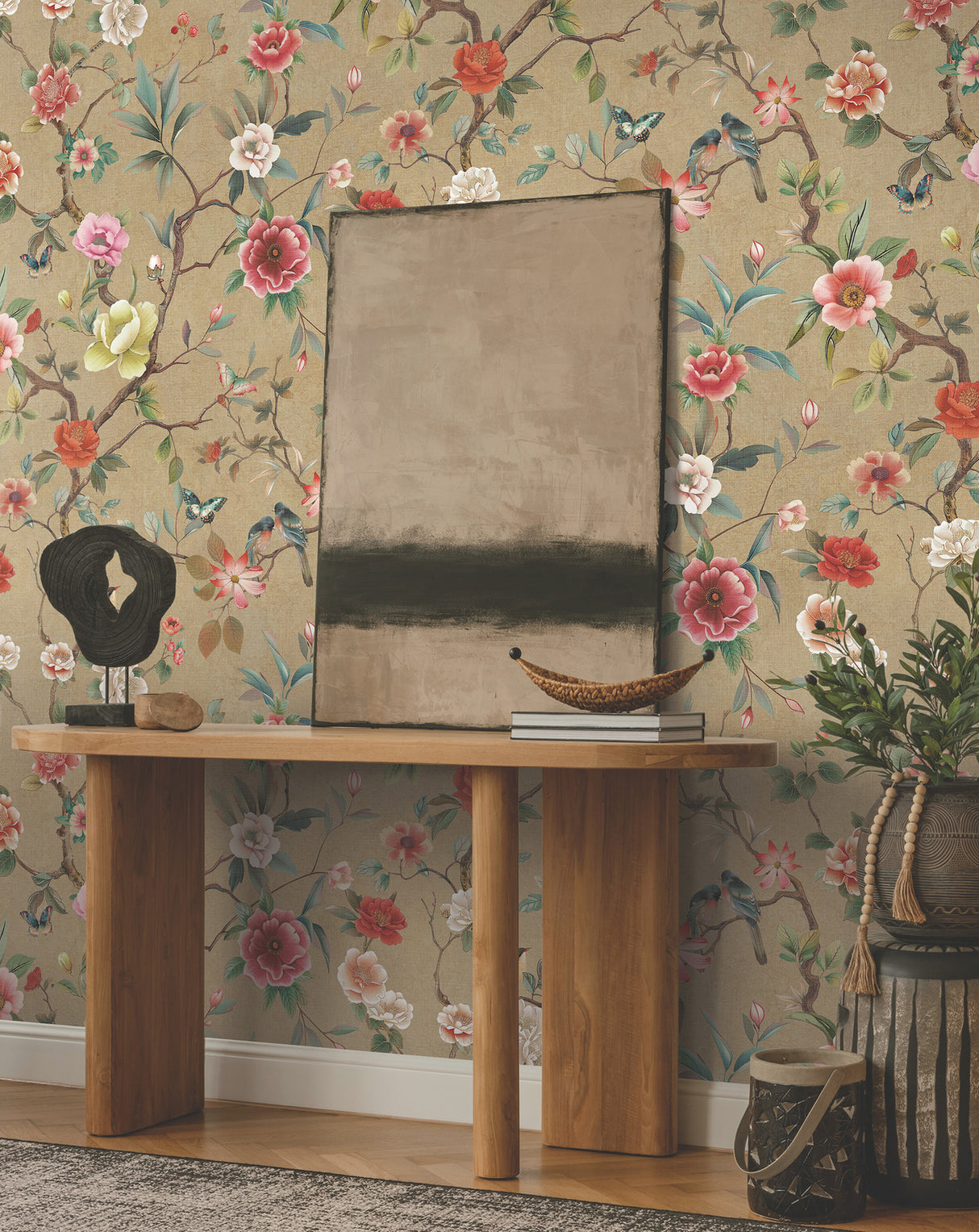 Kimora's Garden Linen Wallpaper by Ronald Redding Tea Garden II Traditional Florals and Birds 33.25-in x 24-ft Roll - ZA8037