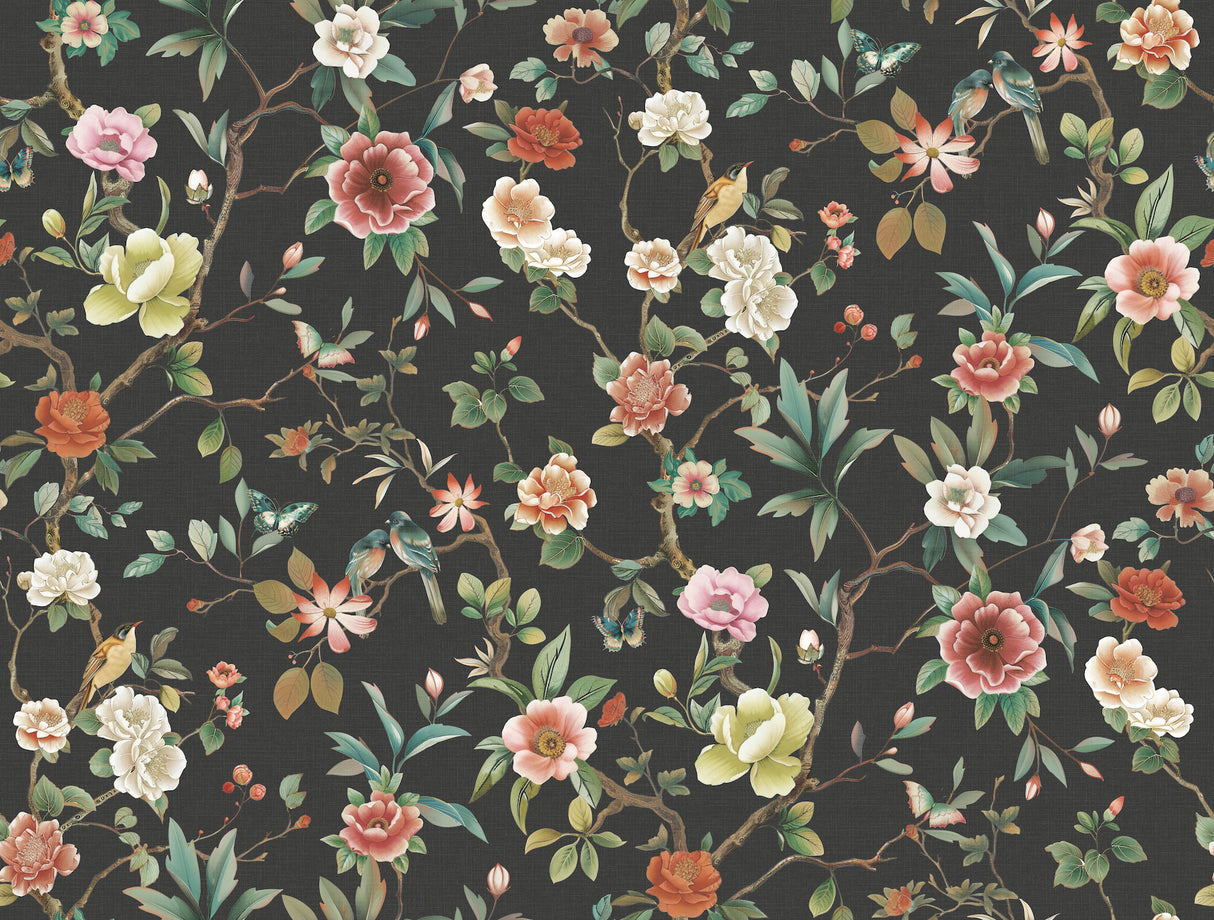 Kimora's Garden Black floral and birds wallpaper by Ronald Redding, Non Woven, 33.25 in x 24 ft