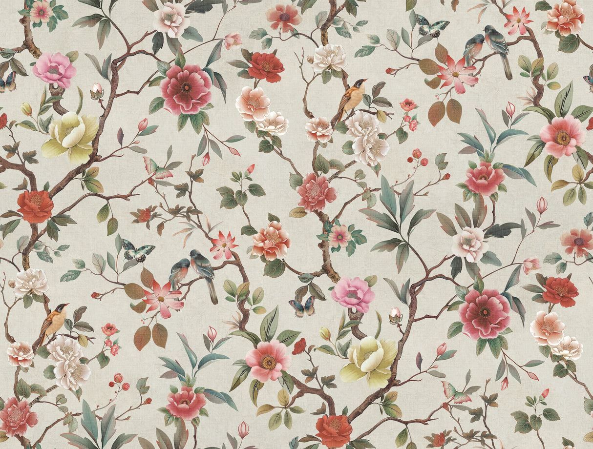 Kimora's Garden Ivory wallpaper with vintage floral and birds by Ronald Redding
