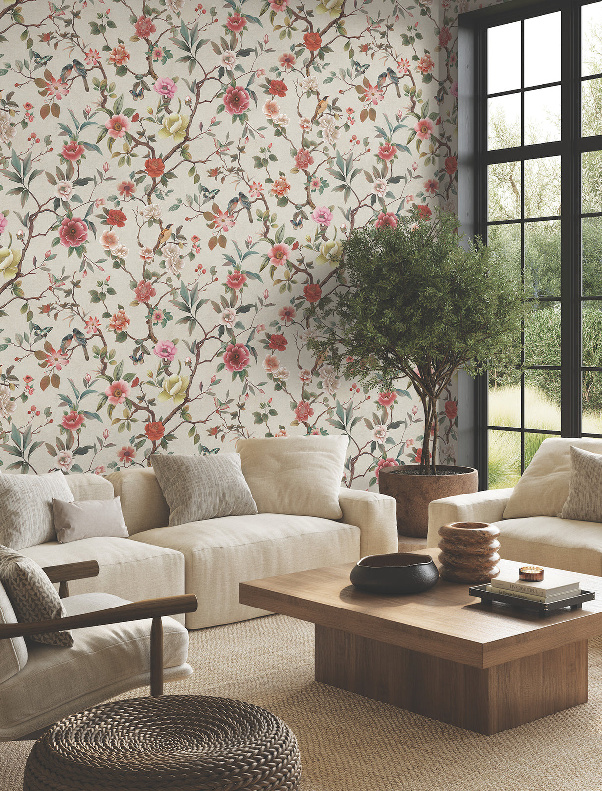 Kimora's Garden Ivory by Ronald Redding Floral & Bird Sidewall Wallpaper – York Designer Series ZA8039