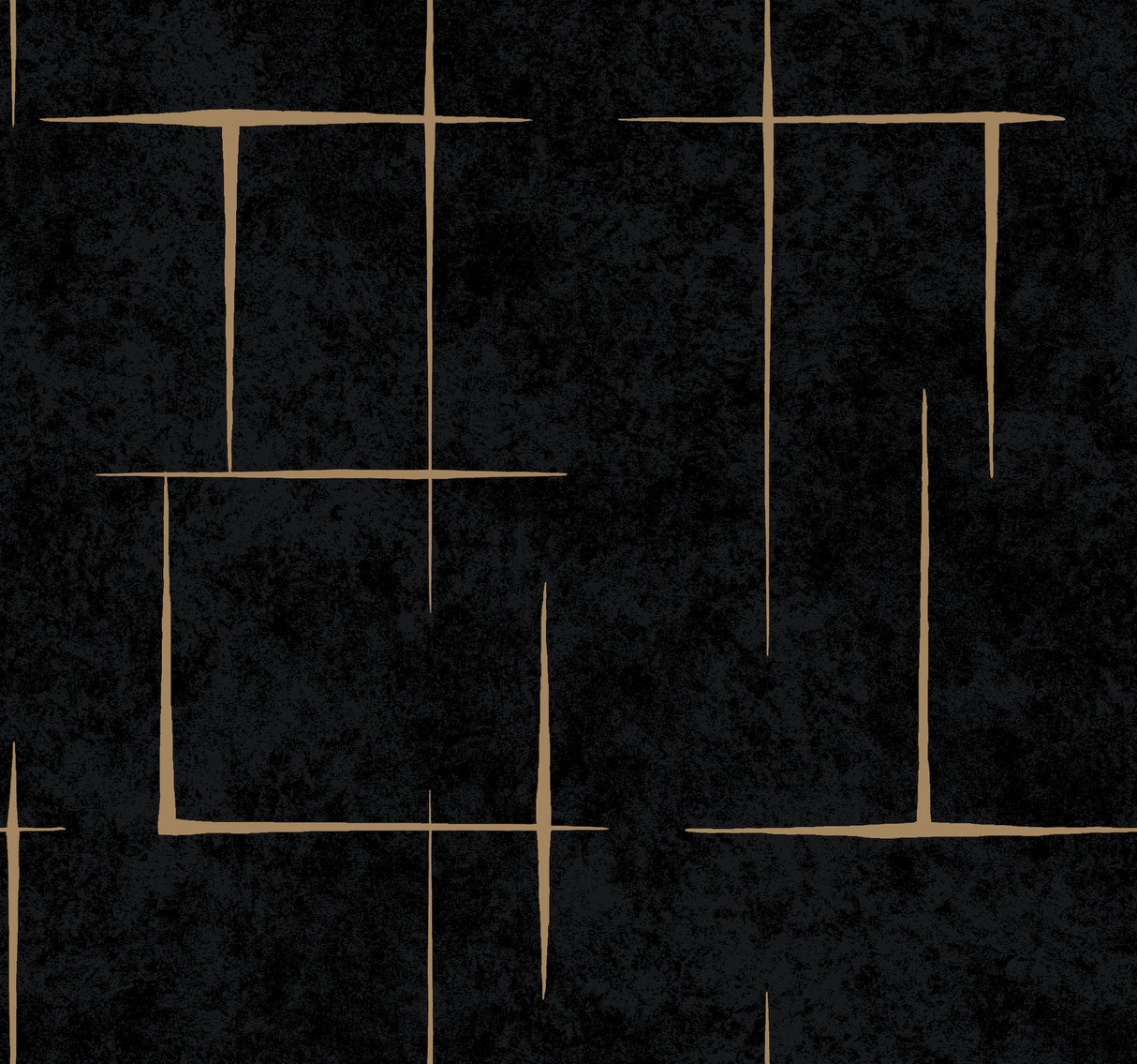 Malia Gold and Black Wallpaper by Ronald Redding ZA8054 - close-up of geometric hatchwork pattern with gold metallic accents on black textured background