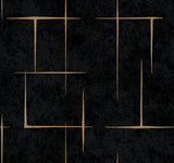 Malia Gold and Black Wallpaper by Ronald Redding ZA8054 - close-up of geometric hatchwork pattern with gold metallic accents on black textured background