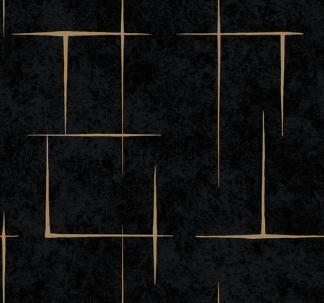 Malia Gold and Black Wallpaper by Ronald Redding ZA8054 - close-up of geometric hatchwork pattern with gold metallic accents on black textured background