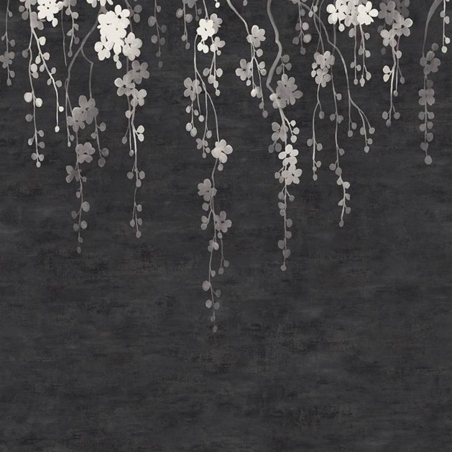 Sakura Blooms Black wall mural with cascading floral branches