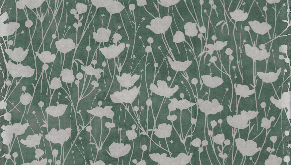 Shimmering Poppies Green & Silver Wallpaper by Ronald Redding