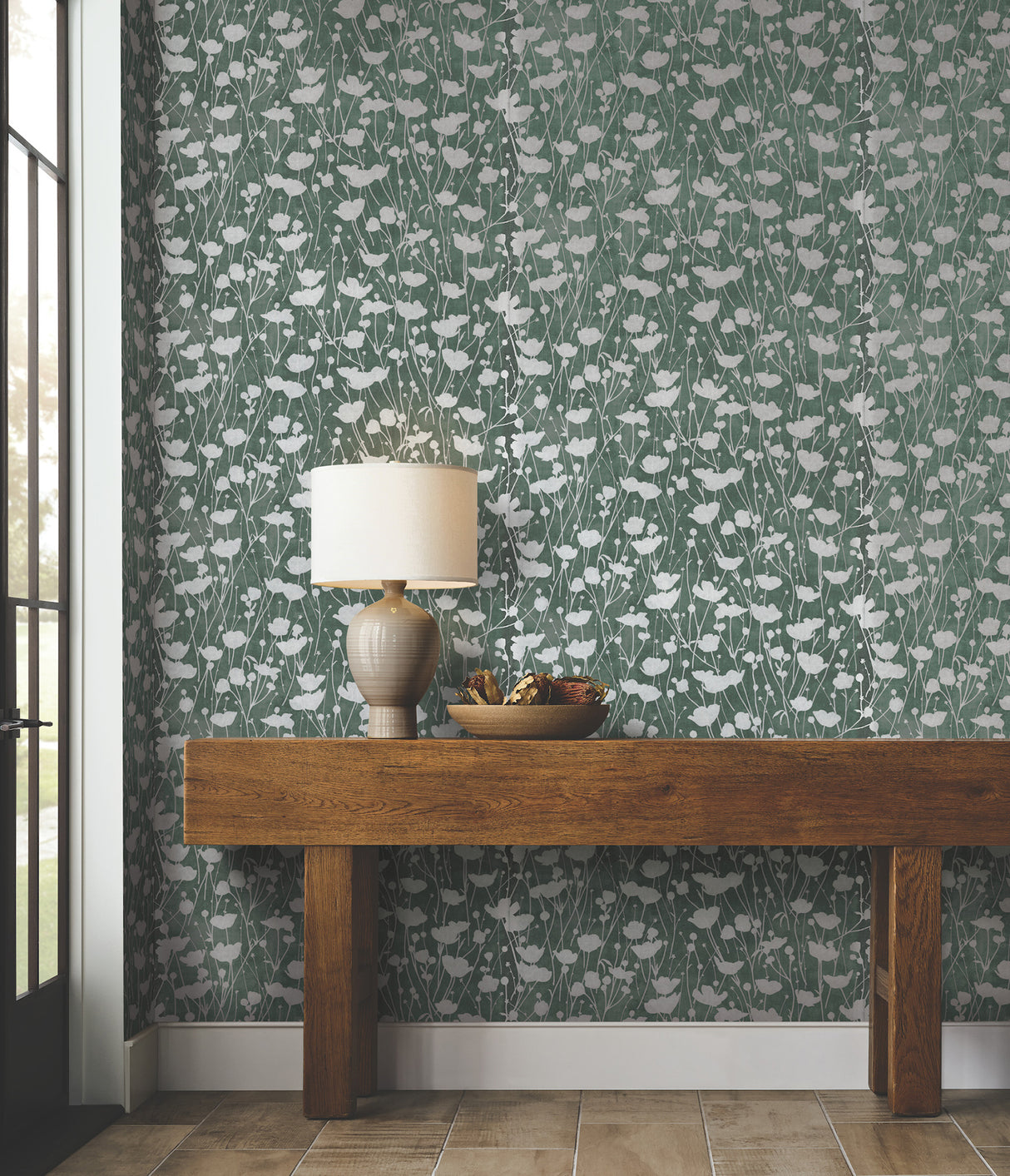 Shimmering Poppies Green & Silver by Ronald Redding Wallpaper – York Designer Series ZA8068